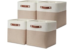 DULLEMELO 11 inch Cube Storage Bins, Large Collapsible Grey Storage Baskets for Square Cubes Organizing, Fabric Boxes Bins for Shelves Nursery Home Office Storage(4 Pack - 11" White&Khaki)