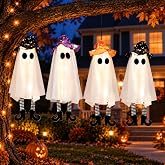 Halloween Decorations Outdoor Indoor,4 Pack Warm Light Up Hanging Ghosts Decorations with Legs,Witch Hat,3 Light Modes,DIY Arms,Halloween Decor for Porch Tree Yard Patio Window