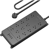 TROND Surge Protector Power Strip 5ft Cord, 4000J, 4 USB, ETL Listed, Black | 13 Widely-Spaced Outlets Expansion with USB C Ports, Low-Profile Flat Plug, Wall Mount, Extension Cord, 14AWG Heavy Duty