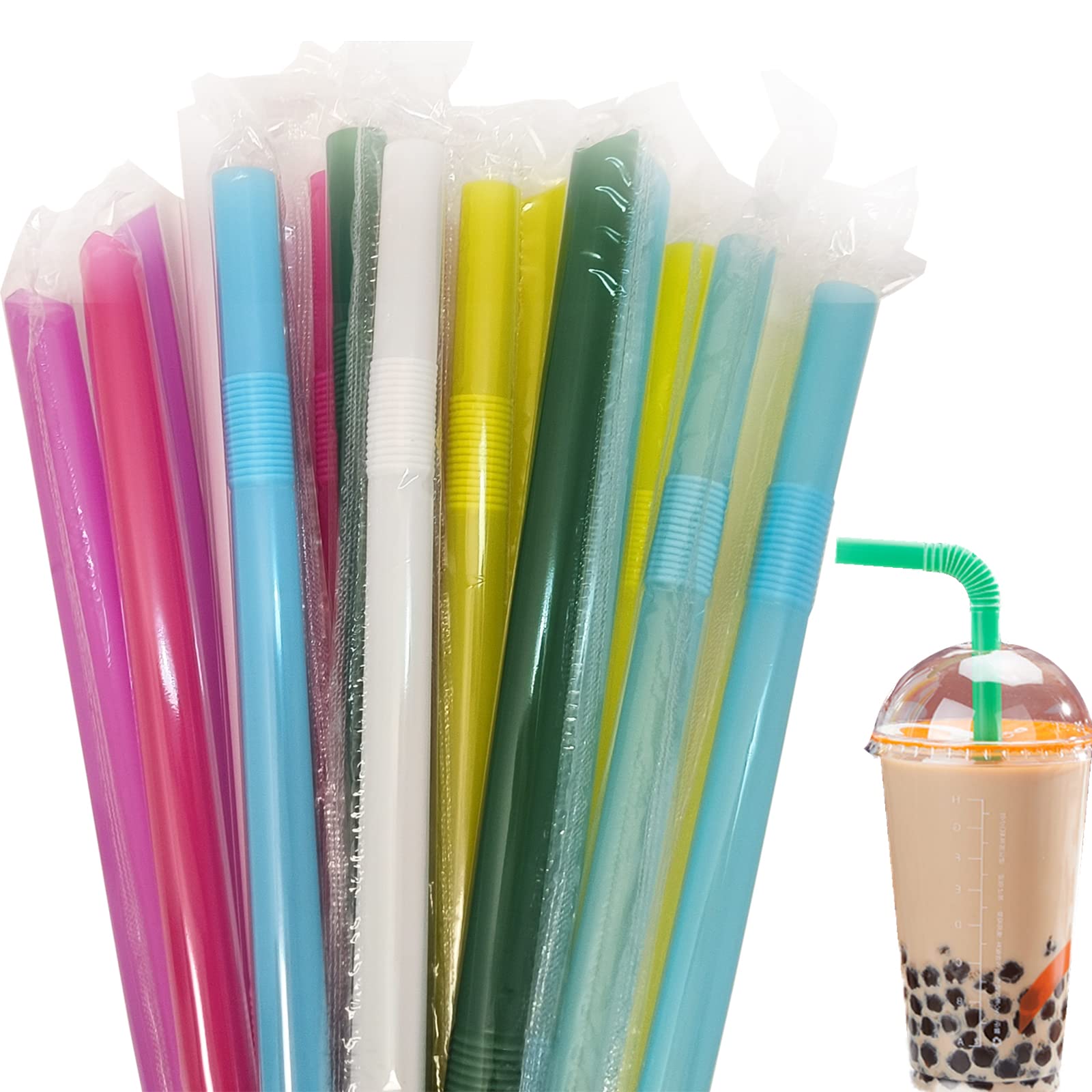 Photo 1 of 100 Pcs Individually Wrapped Jumbo Smoothie Straws, Colorful Bendy Drinking Straws, 0.43" Diameter and 8.3" long, Plastic Straw Disposable, Boba Milkshake Drinking Straw with Pointed Tip