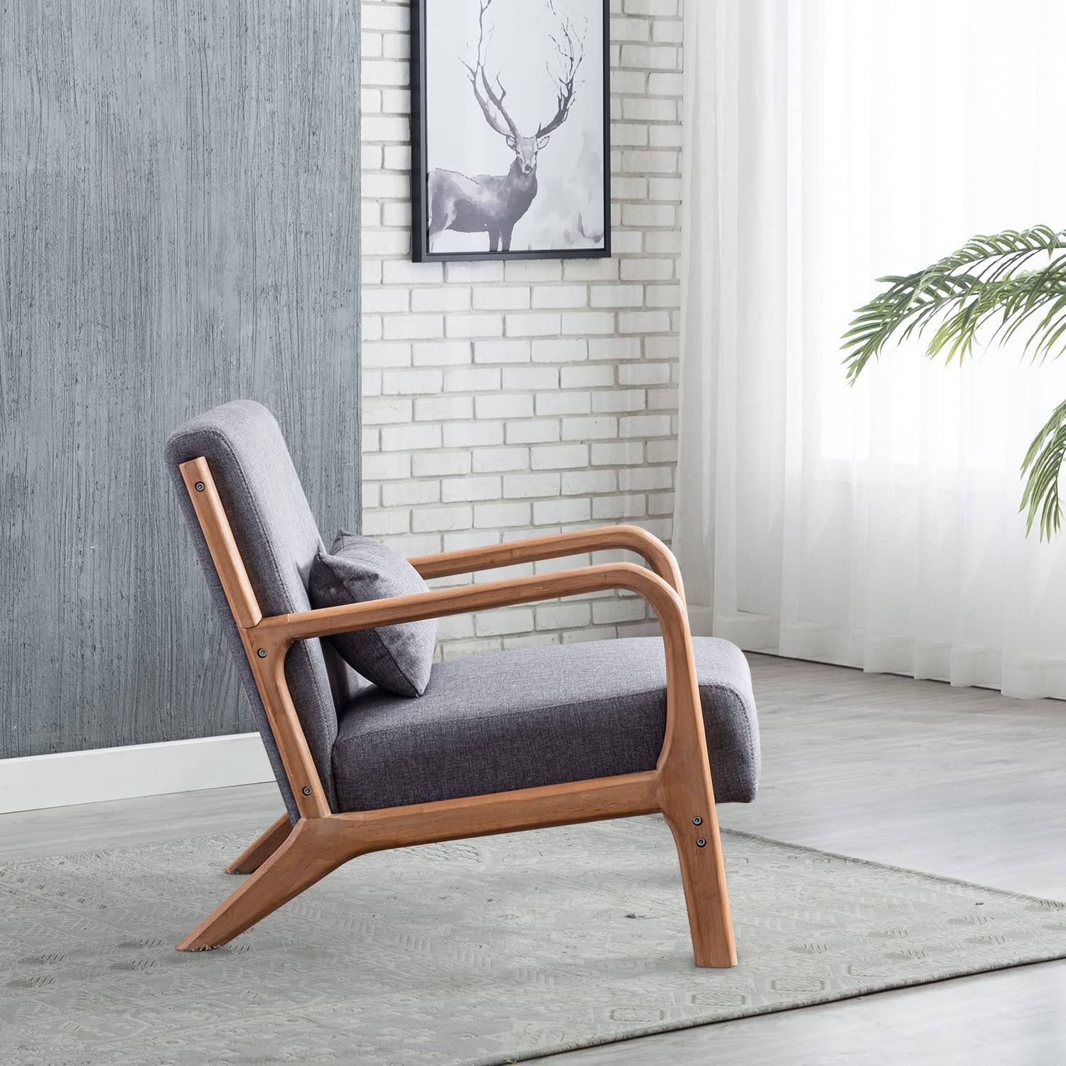 INZOY Mid Century Modern Accent Chair with Wood Frame, Upholstered Living Room Chairs with Waist Cushion, Reading Armchair for Bedroom Sunroom (Dark Grey)