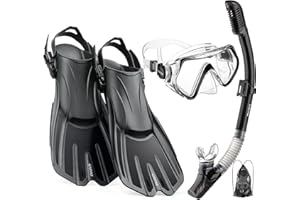 CAPAS Snorkel Mask Fins Set, Travel Size Snorkeling Gear for Adults with Adjustable Fins, Diving Mask and Dry Top Snorkel, Come with a Carrying Bag