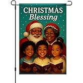 HOMETITUTE Christmas Blessing African American Black Santa Garden Flag 12x18 Inch Double Sided Santa and Mrs Claus with Children Choir Flags Holiday Outdoor Winter Yard Decor