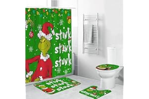 ONIBOGO 4 Pcs Christmas Bathroom Set, Christmas Shower Curtain with Non-Slip Rugs, Toilet Lid Cover and Non-Slip U Shape Bath Mat, Xmas Winter Holiday Bathroom Decor with Hooks 71 x 71 Inches (Green)