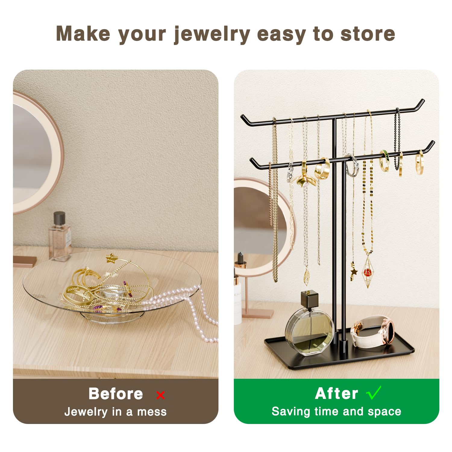 Bussdis Necklace Stand: Black Metal Necklace Organizer for Home Decor