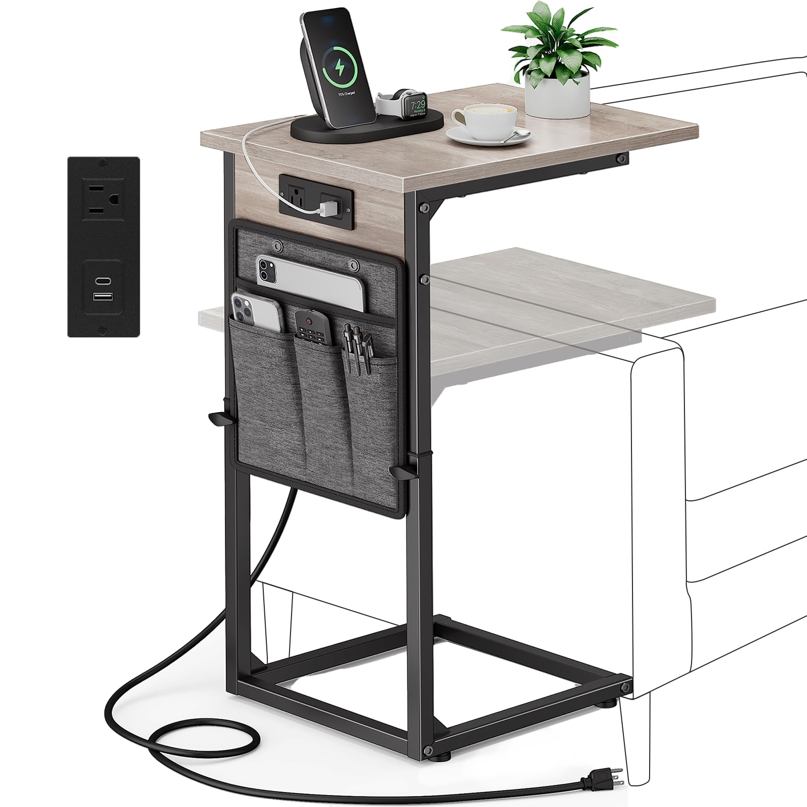 Photo 1 of VAGUSICC C Shaped End Table with Charging Station, Adjustable Height Side Table for Couch Recliner, Small Sofa Table with Storage Bag, Slide Under Sofa TV Tray Arm Table for Living Room, Bedroom, Gray
