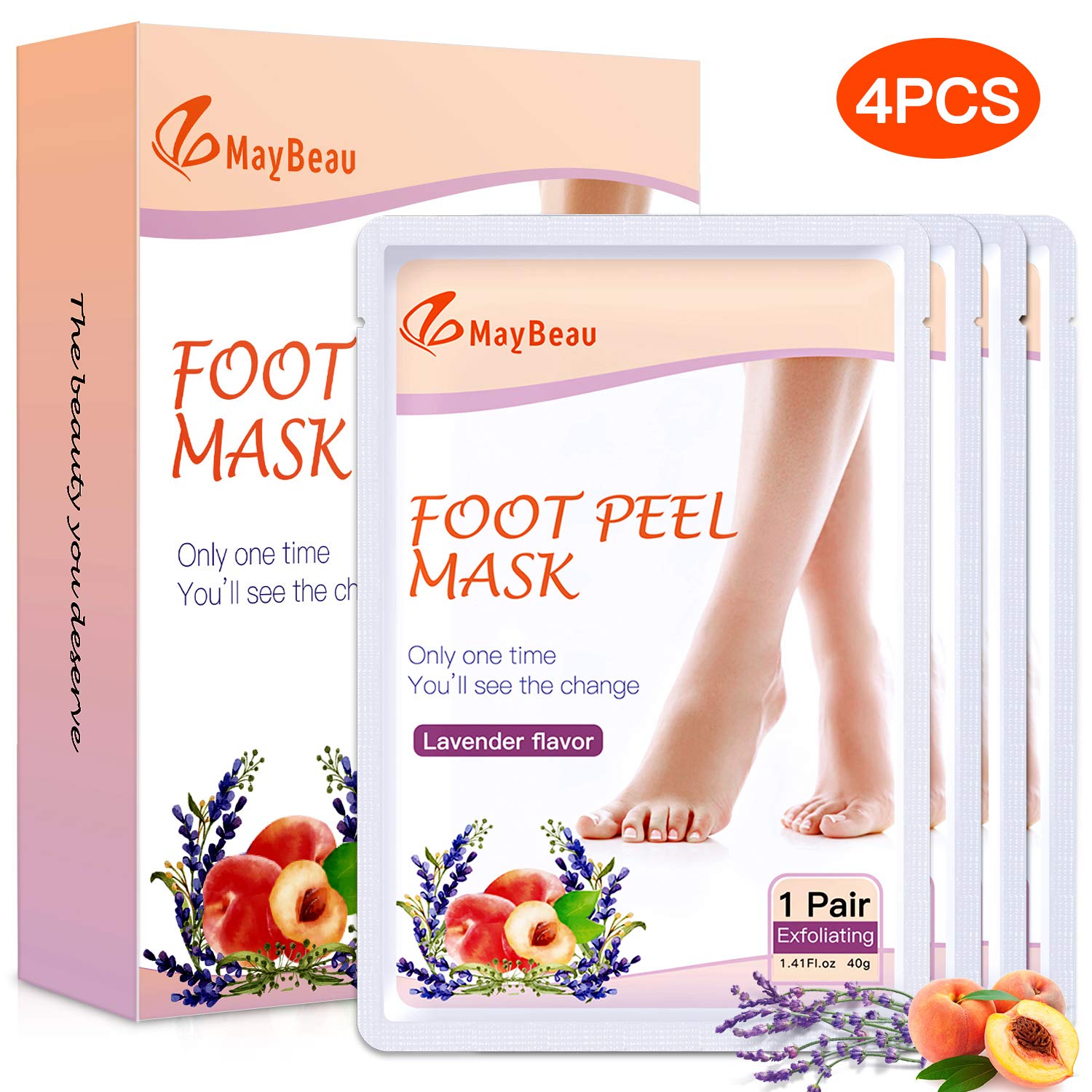 MayBeau Foot Peel Mask, Exfoliating Foot Mask 4 Pack for Cracked Heels, Dead Skin & Calluses, Repair Rough Heels - make Your Feet Baby Soft