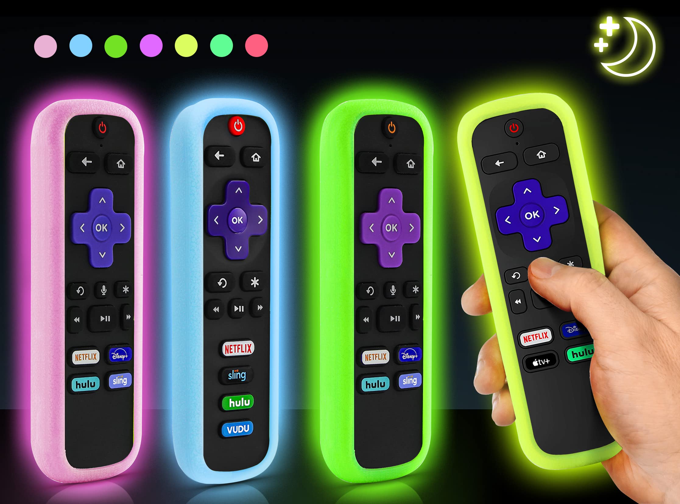Photo 1 of ?4 Pack? ONEBOM Cover for Roku Remote, Cover for Hisense/TCL Roku TV Steaming Stick/Express Universal Replacement Controller Silicone Sleeve Skin Glow in The Dark ?Green Pink Blue Yellow?