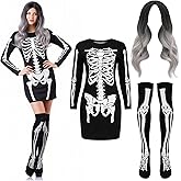 Tatuo Women Halloween Skeleton Costume Set Fun Midi Dress Stockings Silver Gray Curly Long Wig for Halloween Cosplay Party