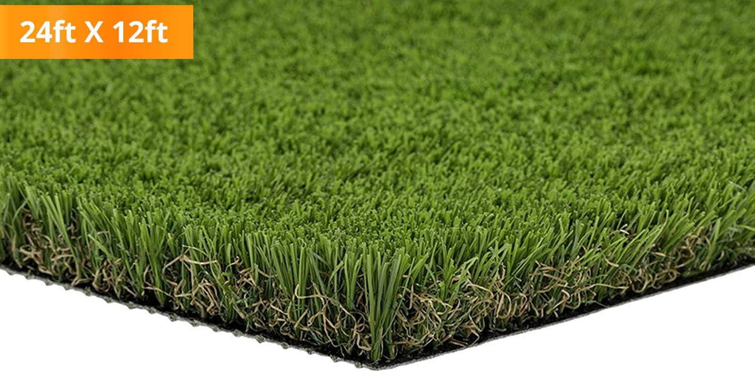 PZG Premium Deluxe Artificial Grass Patch w/ Drainage Holes | 4-Tone Synthetic Grass Mat | 1.6" Height |Extra-Heavy & Soft Pet Turf | Lead-Free Fake Grass for Dogs or Outdoor Decor | Size: 24' x 12'