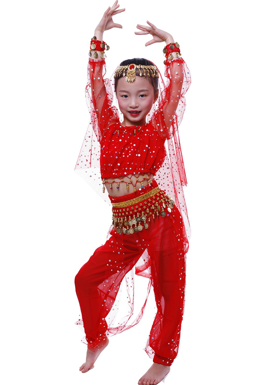 Astage Trajes de Danza del Vientre para Niña,Top Destacado de Manga Larga,Pantalones Rojo M (6Y-8Y)