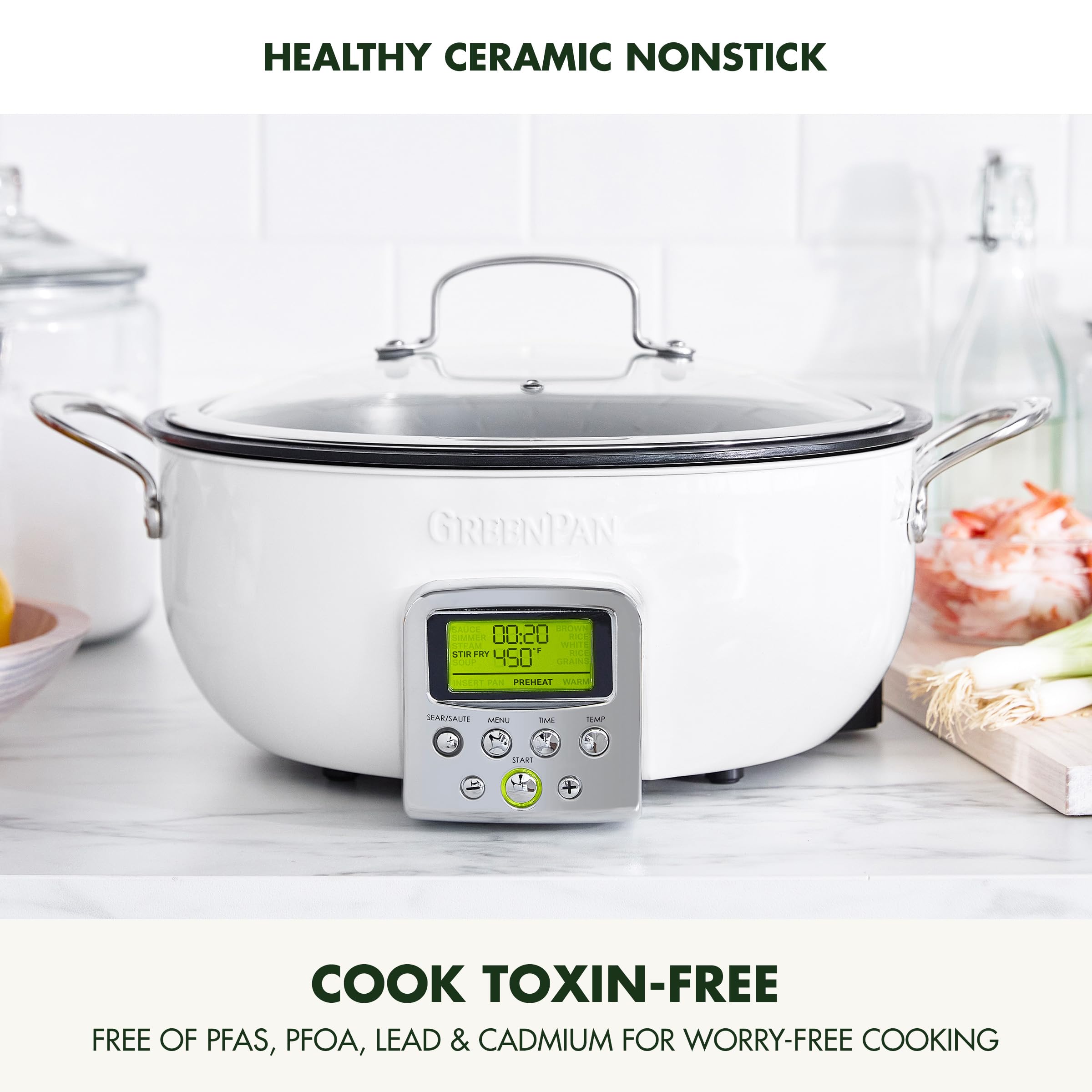 GreenPan Elite Essential Smart Electric 6QT Skillet Pot,Sear Saute Stir-Fry and Cook Rice, Healthy Ceramic Nonstick and Dishwasher Safe Parts, Easy-to-use LED Display, PFAS-Free, Cream White