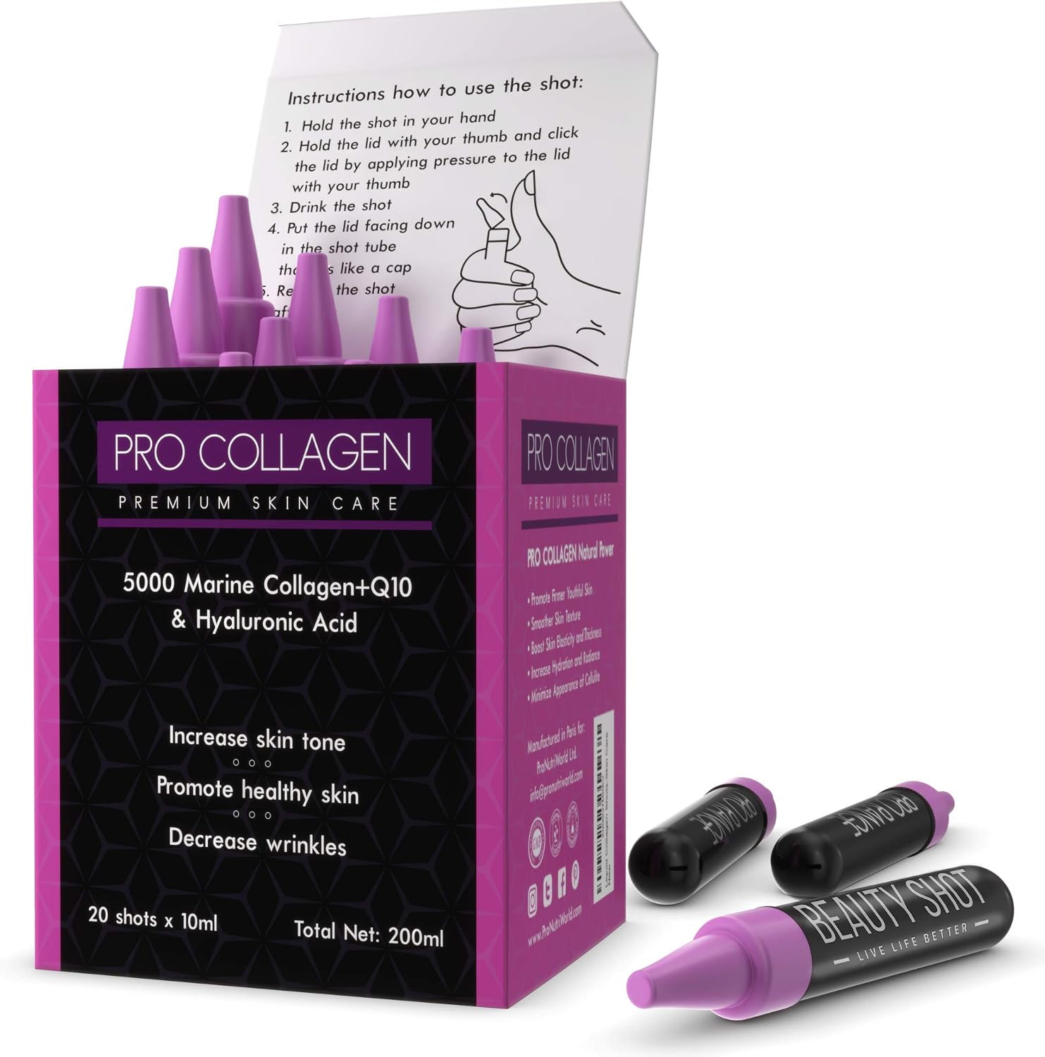ProNutriWorld Premium Liquid Marine Collagen Shots 5000mg, Hydrolysed Fish Collagen Peptides with Hyaluronic Acid