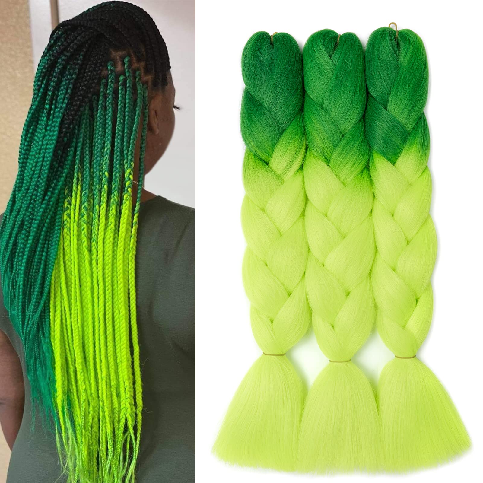Gairyan Braiding Hair Extensions Ombre Jumbo Braids Synthetic Hair 3 Packs 24 inches 300g Coloured Hair for Braiding Extensions Box Braids Crochet Twist (Dark Green-Yellow Green)