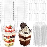 DOUDOULE 5oz Plastic Dessert Cups with Lids and Spoons, Clear, 20 Pack | Small Yogurt Parfait Cups with Lids, Mini Dessert Shooter Cups, Square Party Appetizer Cups, Fruit, Pudding, Trifle Ice Cream