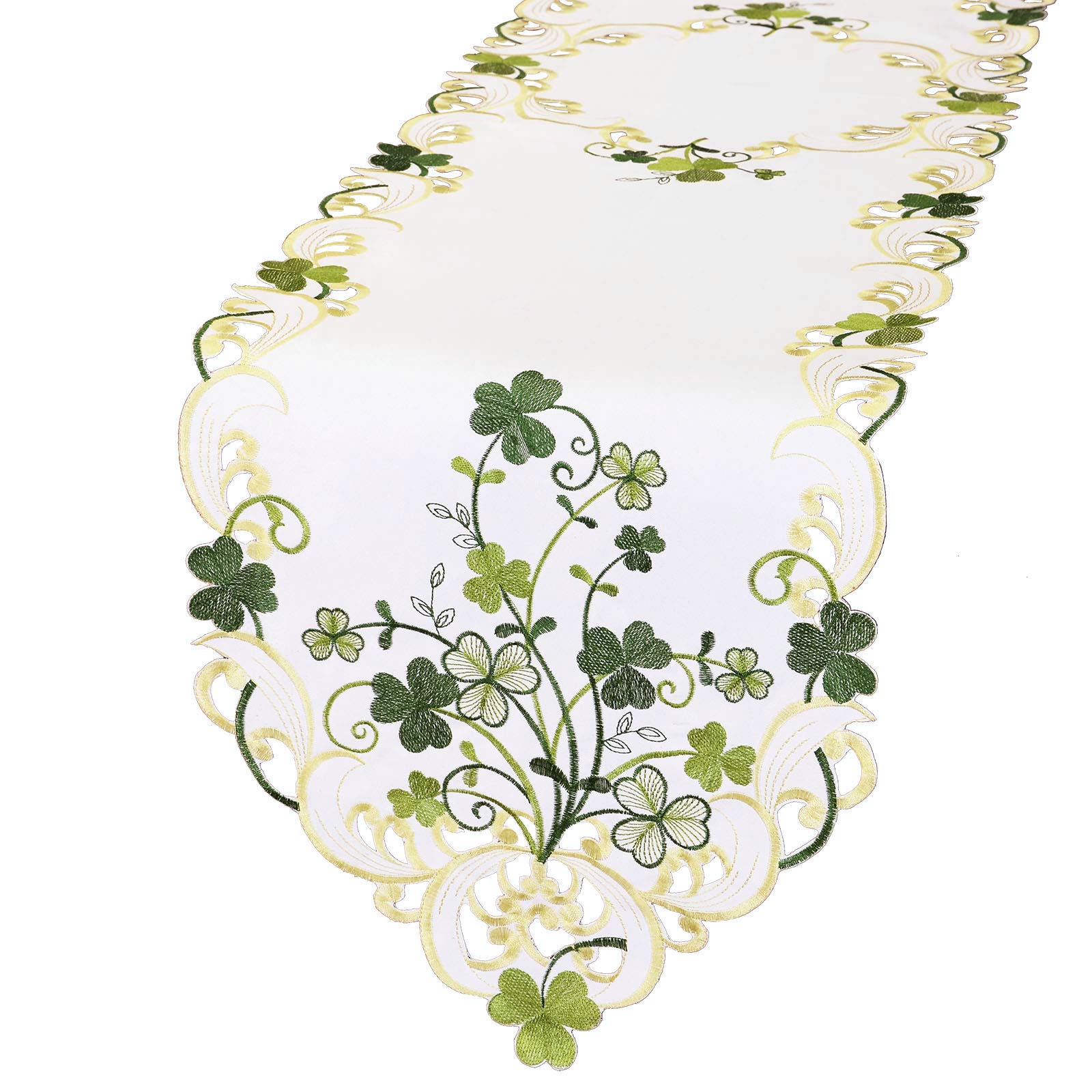 Simhomsen Embroidered Irish Clover St. Patrick’s Day Table Runner, Spring Shamrock Decorations (14 x 69 inches)
