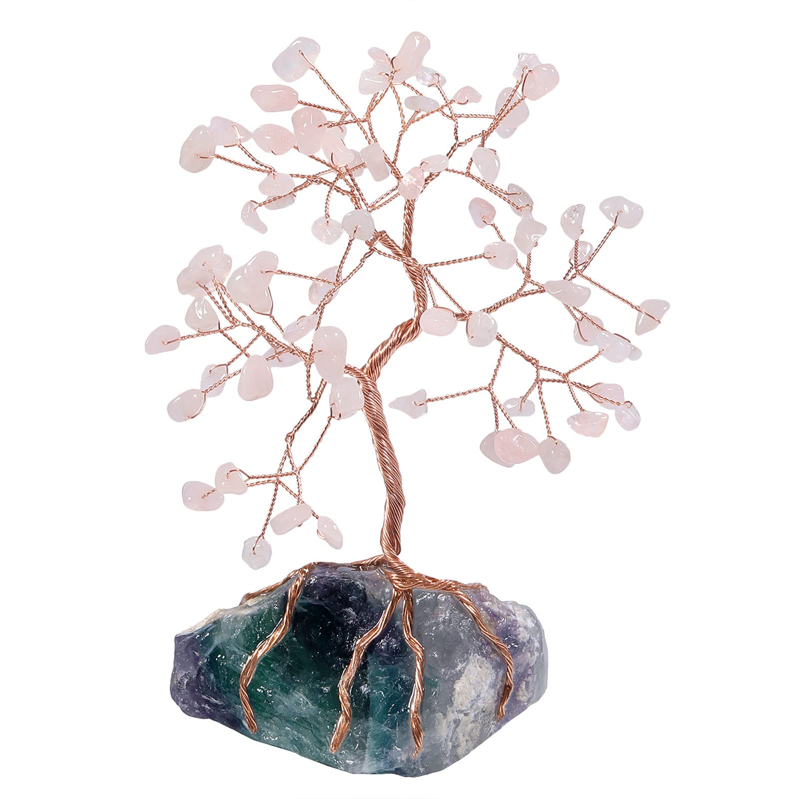 mookaitedecor Rose Quartz Crystal Money Tree with Fluorite Raw Stone Base Good Luck Crystal Gifts, Reiki Healing Crystal Bonsai Tree Rose Quartz Tree of Life Feng Shui Ornaments for Home Office Decor