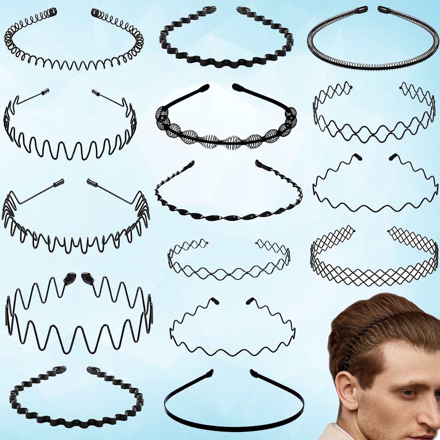 Photo 1 of 15 Pieces Metal Headband for Men and Women Unisex Hair Band Adjustable Headbands Wavy Hair Accessories Non-slip Hair Hoop for Home, Outdoor, Sports and Yoga