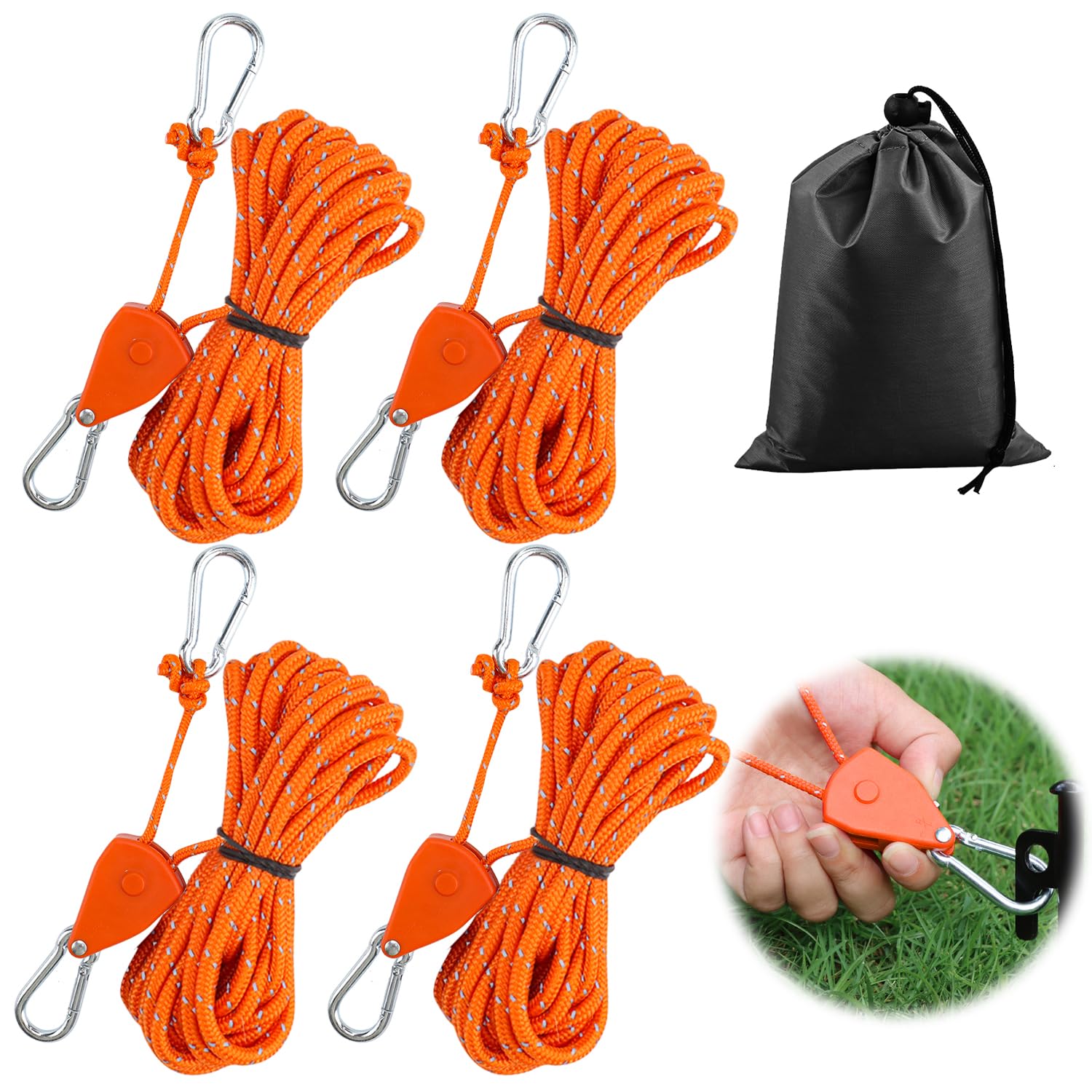 Tyafzzn Pack of 4 4 mm Adjustable Rope Ratchet, 4 m Guy Ropes with Rope Tensioner, Adjustable Ratchet Hanger, Tent Cord with Tensioner, Reflective Guy Ropes for Awning (Orange)