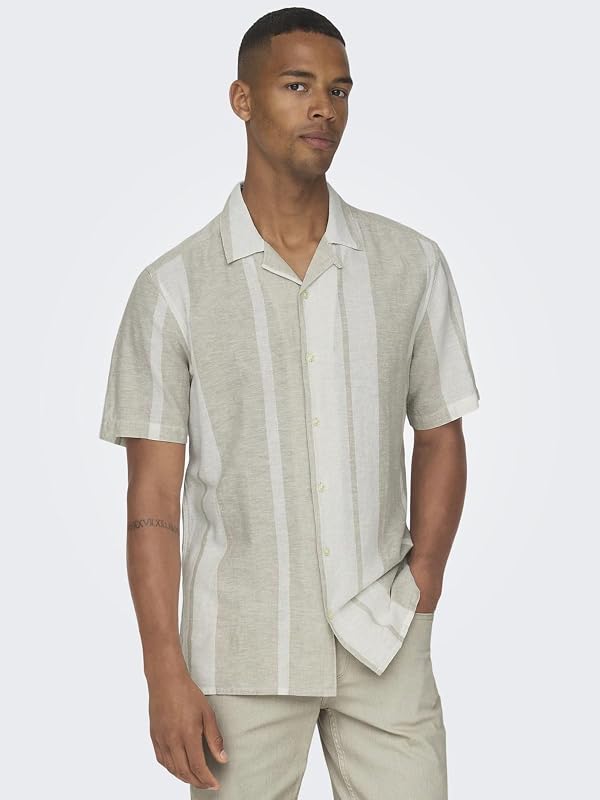Camisa Hombre Manga Corta Cuello Resort Botones Lino Top Verano, Color:Caqui, Talla:M