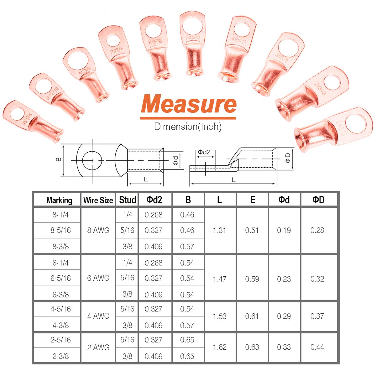 RockDIG 50 pcs AWG 8/6/4/2 Heavy Duty Bare Copper Lugs, Closed End Tubular Ring Terminals, Battery Electrical Cable Wire Connectors Assortment Kit(with 50 pcs Heat Shrink Tubings): Industrial & Scientific
