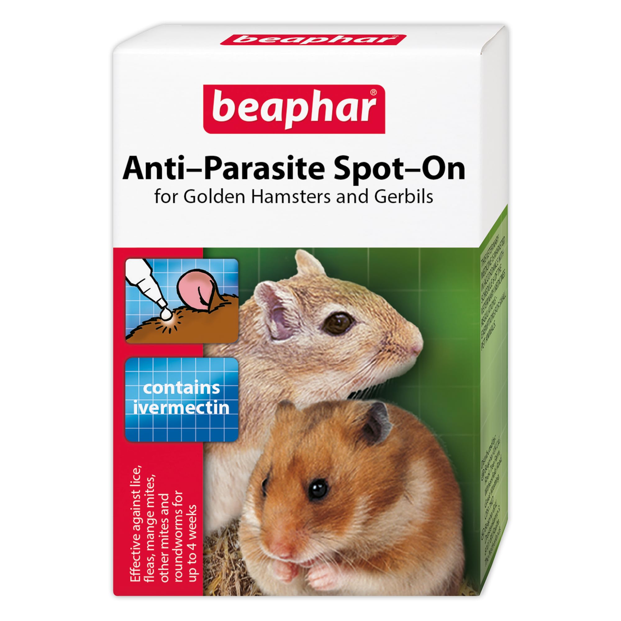 Beaphar - Anti-Parasite Spot-On for Golden Hamsters & Gerbils - Kills Lice, Mange Mites, Other Mites, Roundworms and Fleas – Veterinary Medicine - For Rodents Weighing between 50-300g - 2 pipettes