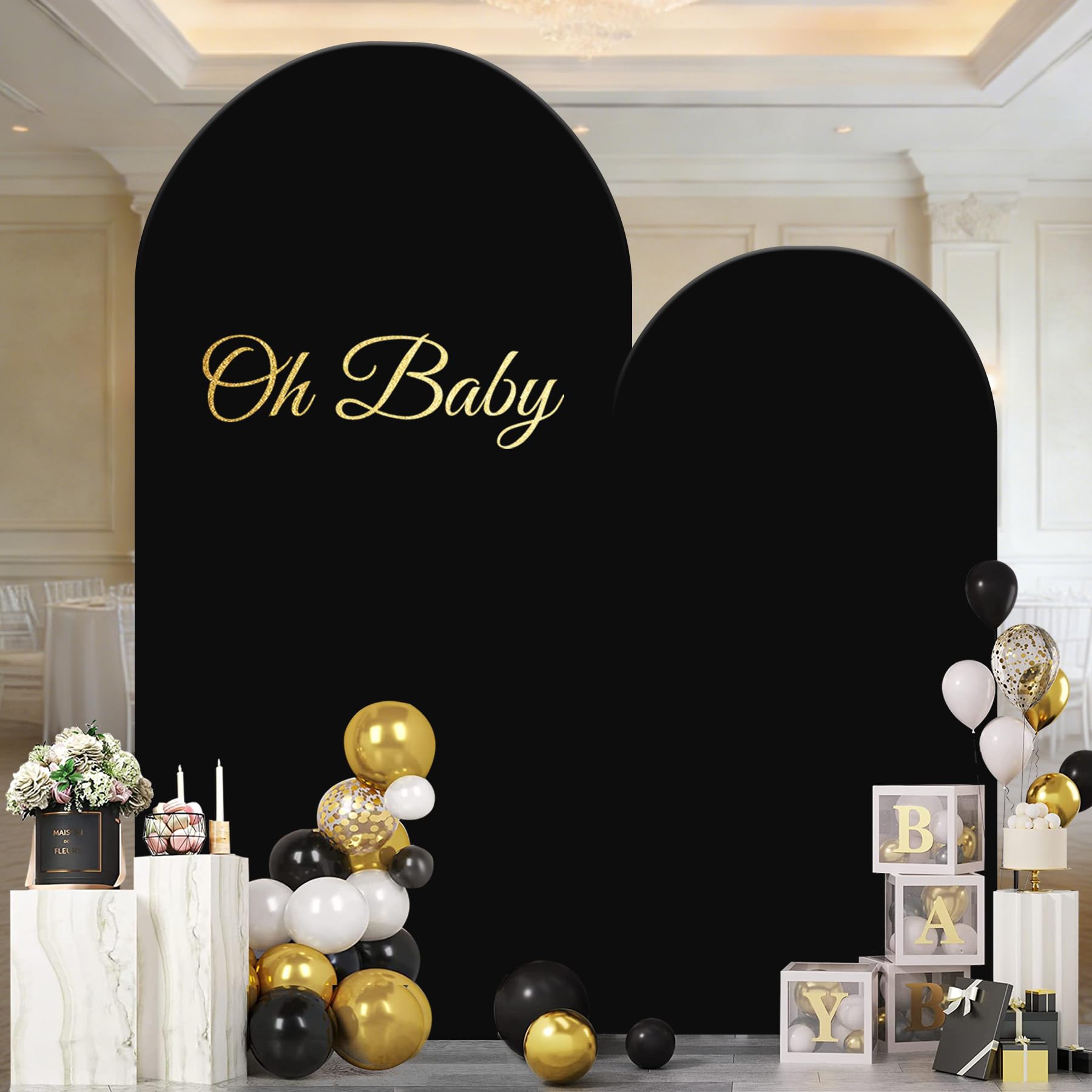 Photo 1 of Black Arch Backdrop Cover 7.2 & 6FT, Thickened Spandex Arch Covers Stretchy Backdrop with Zipper Set of 2 Fitted Round Top Chiara Stand Cover for Wedding Birthday Party Baby Shower Banquet Decoration