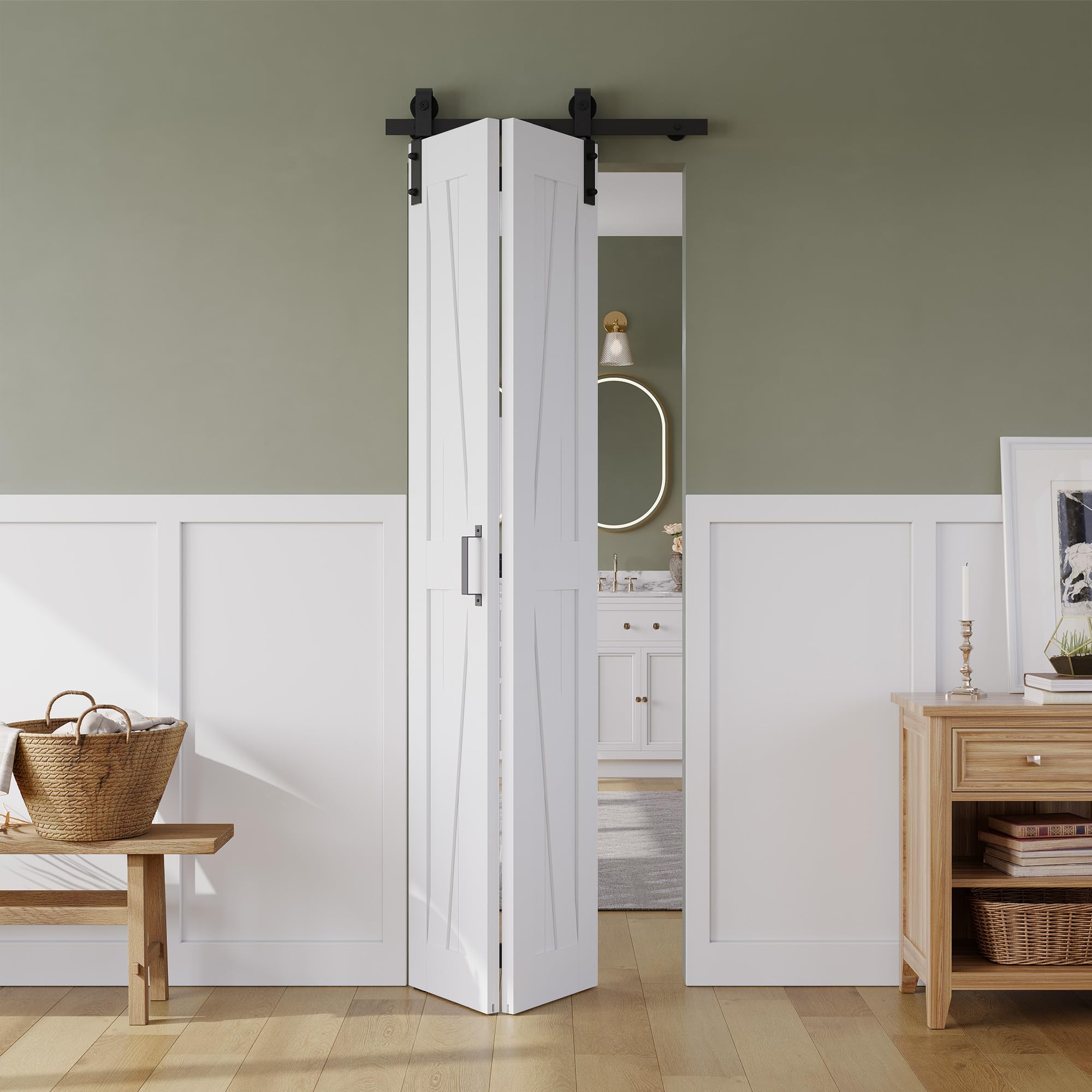 Photo 1 of 24" x 84" Bifold Sliding Barn Door, K Shaped Panel with Sliding Hardware Kit Set, Finished Closet Door Slab, 2.33FT Track for 2 Doors, MDF, White