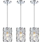 MEXO Modern Crystal Pendant Light Fixture 3-Pack Chrome Finish Hanging Lighting Crystal Chandelier for Kitchen Island