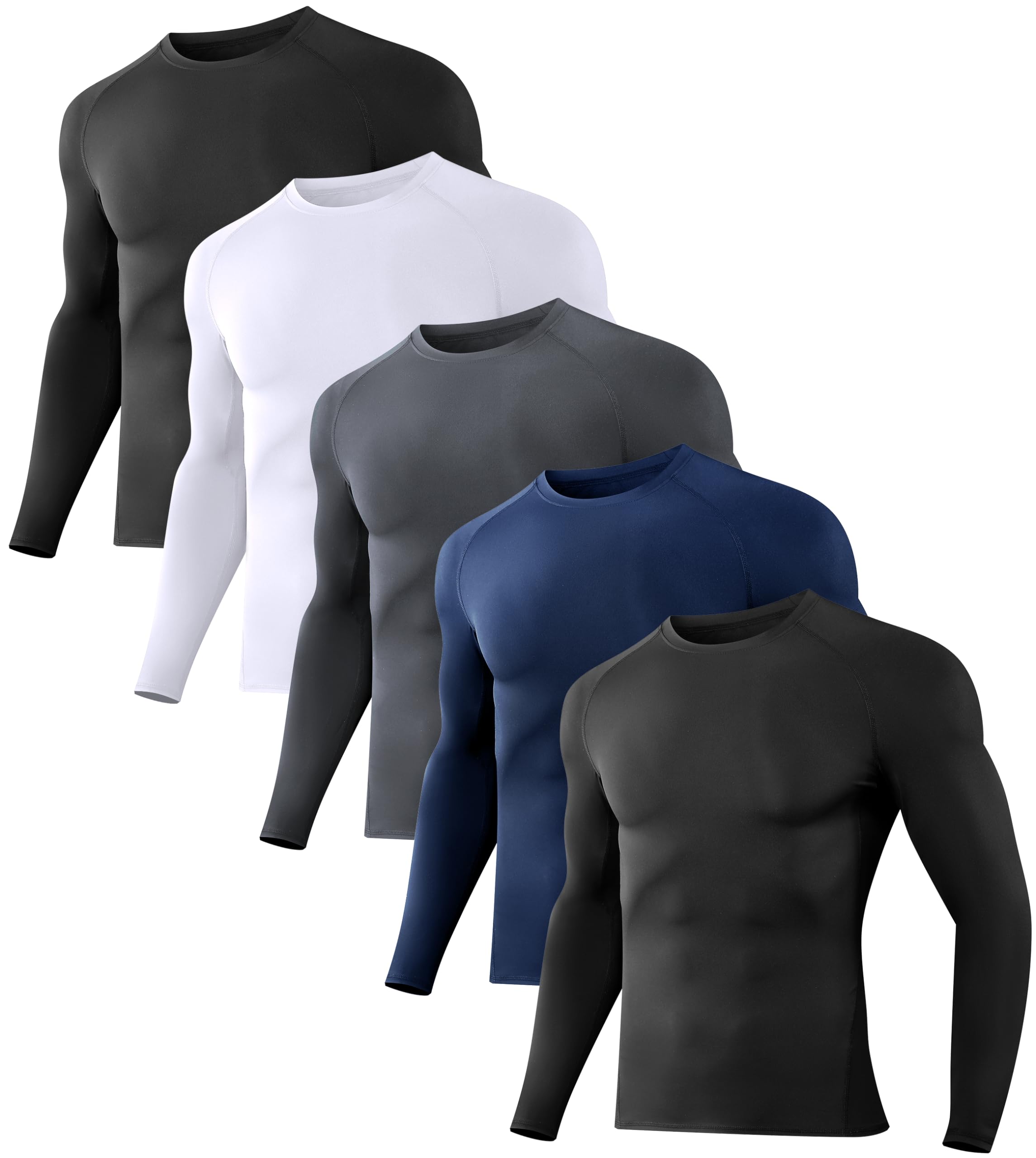 Photo 1 of Dalavch 5 Pack Men's Compression Shirts Long Sleeve Athletic Workout Sports Undershirt Base Layer Top for Winter 2 Black 1 White 1 Gray 1 Blue Large