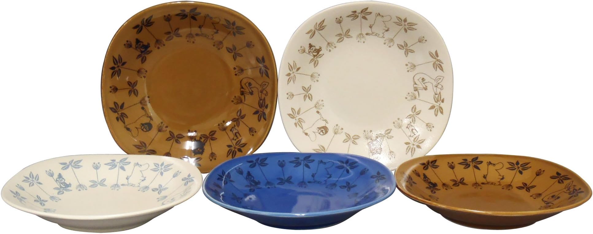 [5 SET] Moomin Ceramic Plate Set White Brown Blue with Flowers by Yamaka MM19054 from Japan