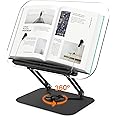 Acrylic Book Stand for Reading, Adjustable Book Holder with 360° Rotating Base & Elastic Page Clips, Foldable Desktop Riser Stand for Cookbook,Laptop,Tablet,Music Scores,Recipe,Textbook (Black)