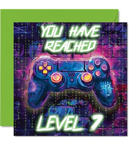 Geburtstagskarte Für Gamer Zum 7. Geburtstag - Videospiel-Controller Design, Blanko Innen