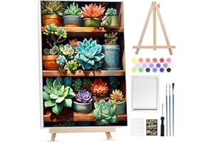 BOWETILE Flower Framed Paint by Numbers Adult Kit Beginners with Wooden Easel, Adult Paint by Number Potted Plant Kits on Can