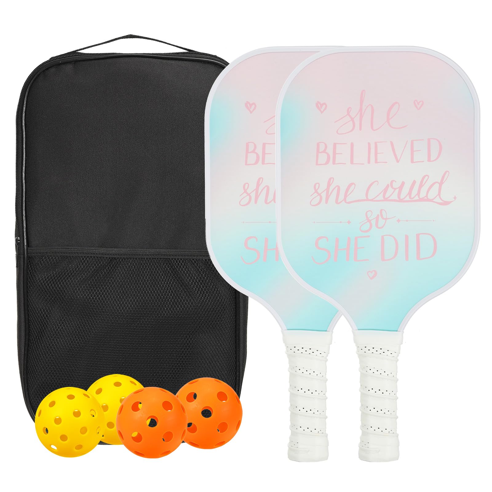 PATIKIL Pickleball Paddles Set, USAPA Approved Fiberglass Surface Pickleball Rackets with Overgrip, 2 Paddles, 4 Pickleballs,1 Carry Bag for Men Women, Pink Words