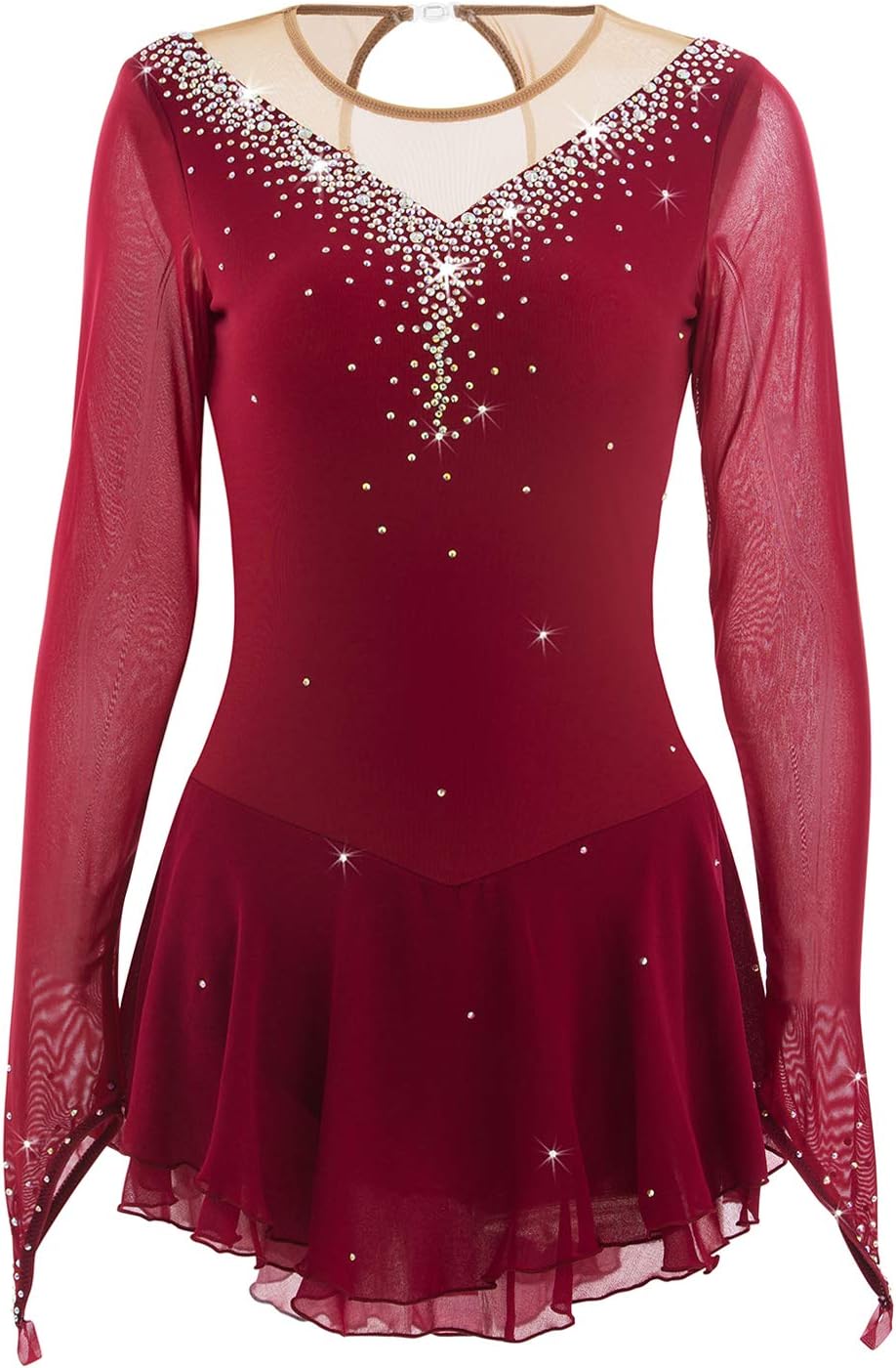 Figure Skating Dress Women's/Girls' Ice Skating Dress Burgundy Competition Skating Wear Handmade Rhinestone Long Sleeve High Elasticity