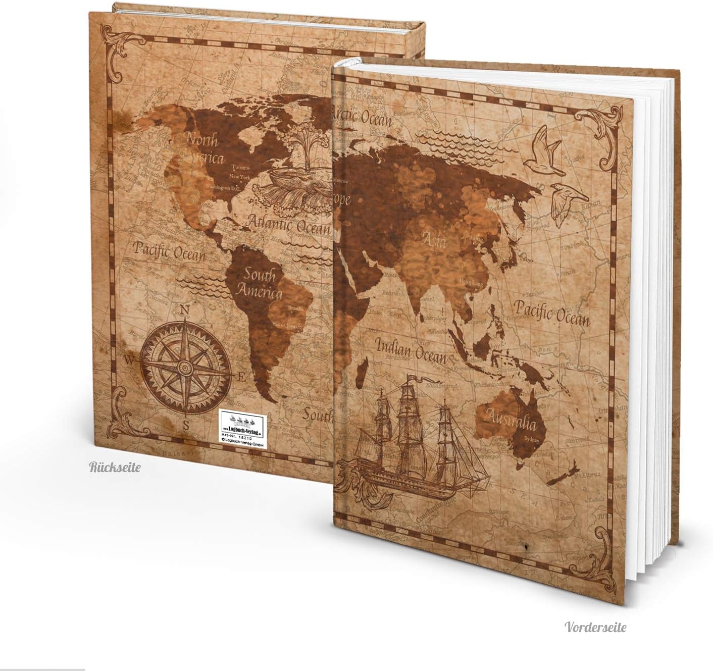 Logbuch-Verlag XXL Notebook A4 Size Blank Hardcover Vintage World Map Globe Large on Old, Brown World Map Design, ohne Metallecken