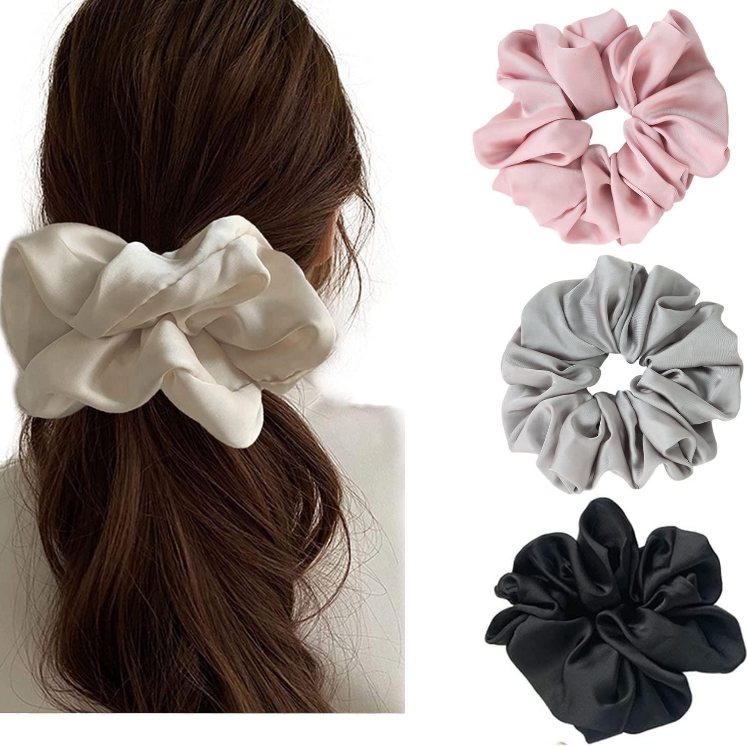 Photo 1 of **MISSING BLACK & WHITE** Big Satin Scrunchies for Women, XL Oversized Hair Scrunchies for Thick Hair, Extra Large Soft Silk Pillow Scrunchy, Jumbo Hair Tie for Curly Hair Buns Ponytails, 4 Pack(E)