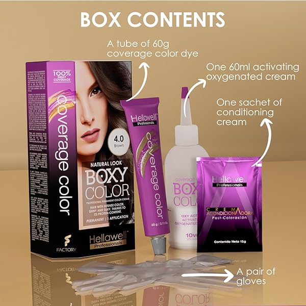 COVERAGE BOXY COLOR HAIR COLOR KIT PROFESSIONAL, PERMANENT COLOR CREAM HAIR DYE WITH VEGETAL PROTEIN TO GET HAIR WITH INTENSE COLOR SHINY AND SILKY. 100% GRAY COVERAGE. (4.0 BROWN)