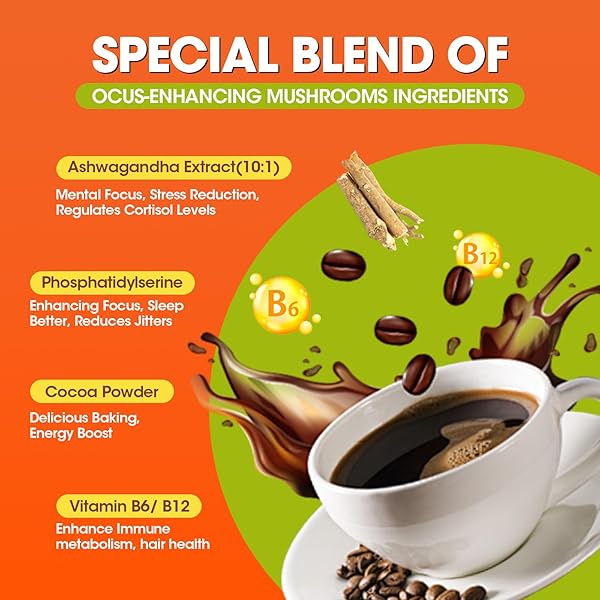 MUSHROOM COFFEE, 10 MUSHROOMS INSTANT COFFEE POWDER – LION’S MANE, REISHI, CHAGA, CORDYCEPS, TURKEY TAIL, SHIITAKE, ASHWAGANDHA, VITAMIN B12 / B6, ARABICA COFFE FOR IMMUNE BOOST, FOCUS & GUT HEALTH