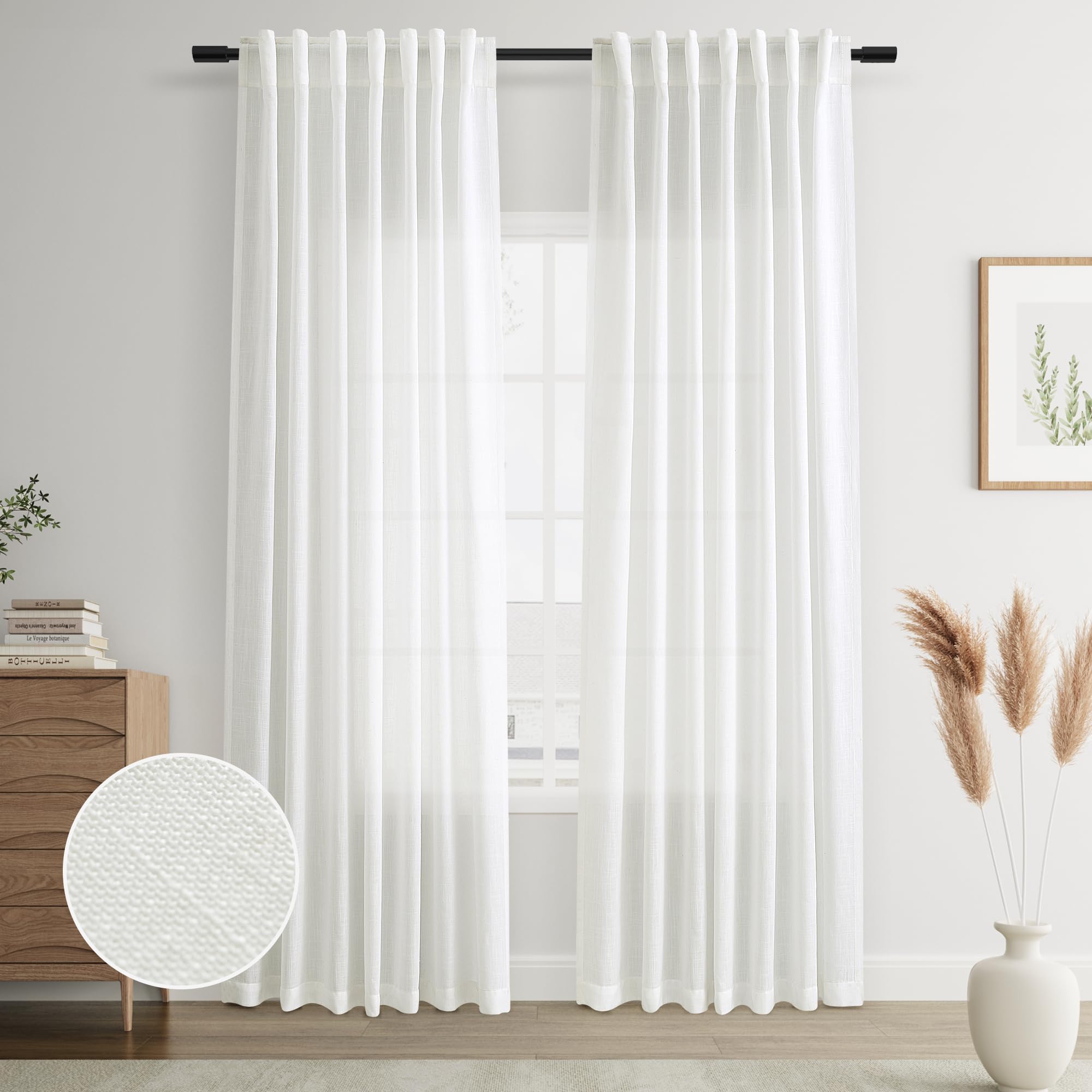 Photo 1 of Joywell Ivory Back Tab Rod Pocket Linen Curtains 96 Inches Long 2 Panels for Living Room Bedroom Neutral Boho Farmhouse Rustic Light Filtering Semi Sheer Curtains Window Treatment 52x96
