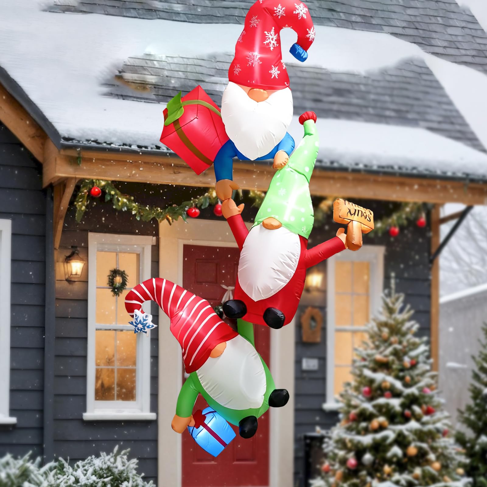 Photo 1 of 8FT Gnome Christmas Inflatables Outdoor Hanging Inflatables Gnomes Set, Climbing Inflatable Gnomes with Presents, Merry Xmas Sign,Christmas Blow Up Yard Decor with LED Lights for Window Roof