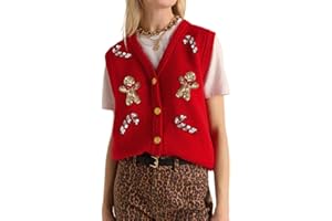 ROAONOCOMO Women Christmas Knit Vest Button Down V Neck Sweater Vest Sequin Embroidered Sleeveless Cardigan Xmas Clothes