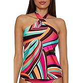 Trina Turk Women's Swoop Reversible High Neck Tankini, Adjustable, Tie Back, Swimsuit Tops
