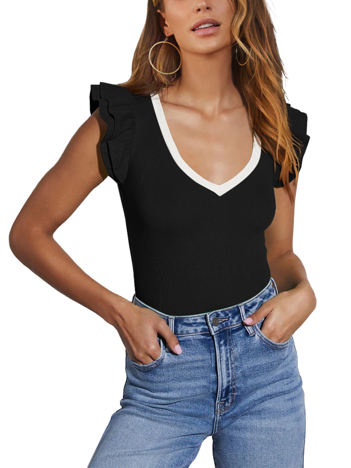 Photo 1 of AGSEEM Womens Tops Ruffle Sleeve Shirts Patchwork V Neck Tshirt Black Knit Tee Woman Casual Summer Tops for Women 2025,XL