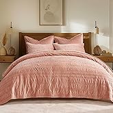 EVERGRACE Velvet Quilt King Size, Luxury Velvet Bedding Set, Ultra Soft Ruched Quilt Sets, Lightweight Comforter Vintage Textured Bedspread Coverlet with 2 Shams for All Season, Pink Clay