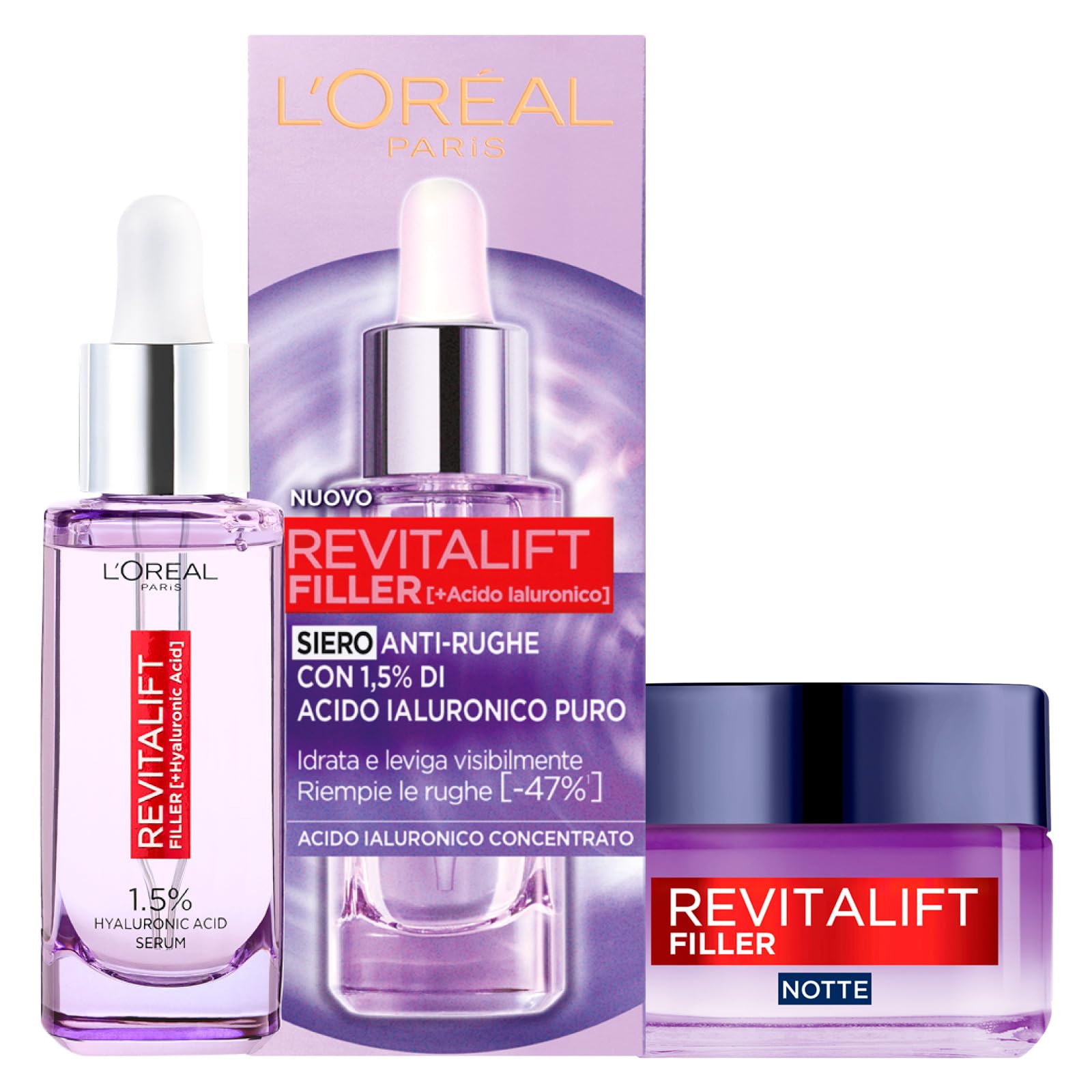 L'Oréal Paris Revitalift Filler Plumping Action Face Serum + Replumping Anti-Wrinkle Night Face Cream – 2 Treatments with Hyaluronic Acid