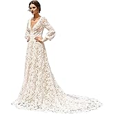 LIPOSA Long Sleeve Floral Lace Wedding Dresses for Bride Empire Waist V Neck Floral Bridal Gown LP002