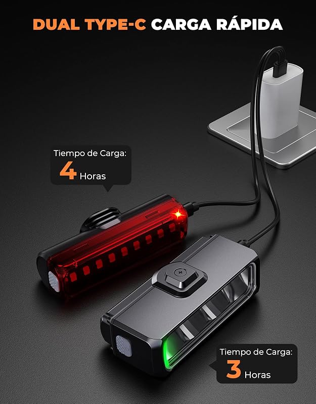 Luces Bicicleta Delantera y Trasera Súper Brillante, Aluminio Cuerpo