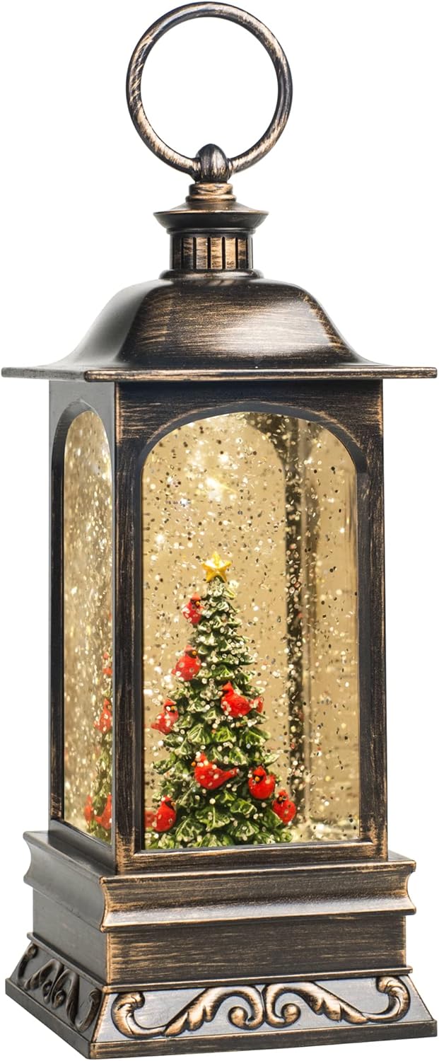 Snow Globes - 10'' Lighted Christmas Tree Cardinals Music Snow Globe Water Lantern with Swirling Glitter Decoration for Christmas Home, Living Room, Battery Operated or USB Powered